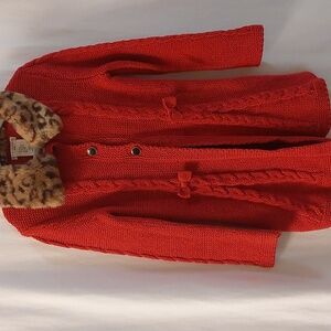 Max Studio Kids Faux Fur Collar Cardigan Sweater.  Red size S (4)